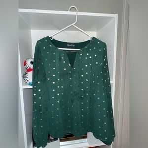 Green blouse with gold Polk dots